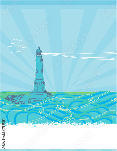 Illustration: lighthouse seen from a tiny beach - blue Poster lighthouse seen from a tiny beach - blue Poster