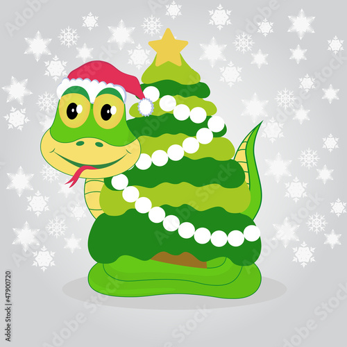 Vector: Illustration of green snake with Christmas tree Illustration of green snake with Christmas tree