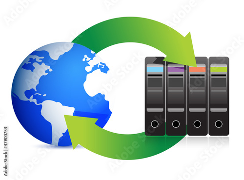 Illustration: Network Concept – Servers and globe Network Concept – Servers and globe
