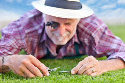 Photo: Close up of senior gardener cutting grass 3 Close up of senior gardener cutting grass 3