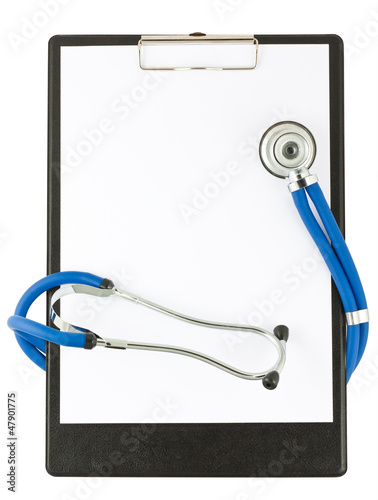 Photo: Medical stethoscope and empty clipboard Medical stethoscope and empty clipboard