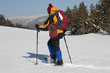 Schneeschuhwanderin zieht im Neuschnee bergan.