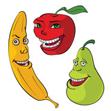 мультяшные фрукты, персонажи. Банан, яблоко, груша, вектор