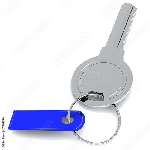 Illustration: Realistic key with blank blue tag, 3d image Realistic key with blank blue tag, 3d image