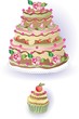 torta e cupcake ciliegia su fondo bianco