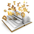 Letters flying out of an open book. Magic book. Fairy tale
