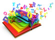 Letters flying out of an open book. Magic book. Fairy tale
