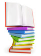 Stack of colorful books with open book on the top