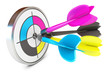 Darts hitting directly in bulls eye. CMYK. Conceptual