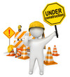 White people holding a stop sign. Under construction barrier