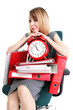 Woman work stoppage Overworked businesswoman plenty of documents