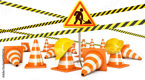 Illustration: Road Reconstruction. Traffic cones. Road sign. 3d render Road Reconstruction. Traffic cones. Road sign. 3d render