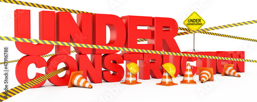 Illustration: Page under construction. Traffic cones. Road sign. Caution tape Page under construction. Traffic cones. Road sign. Caution tape