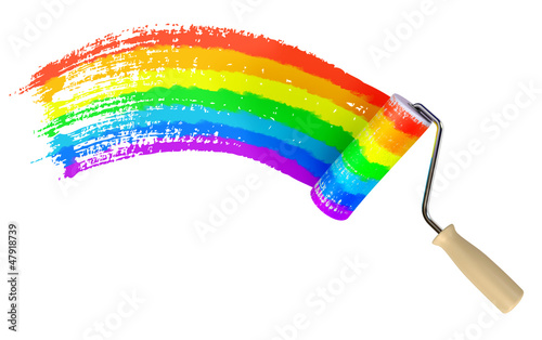Illustration: Roller paint wall color of the rainbow. 3d render Roller paint wall color of the rainbow. 3d render