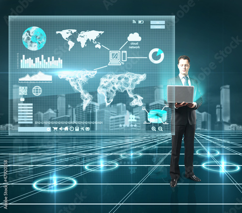 Photo: businnesman and interface world businnesman and interface world