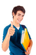Young happy student showing thumbs up