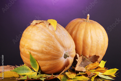 Photo: Two ripe orange pumpkins with yellow autumn leaves Two ripe orange pumpkins with yellow autumn leaves