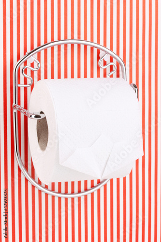 Photo: Roll of toilet paper on holder fixed to pinstriped wall Roll of toilet paper on holder fixed to pinstriped wall