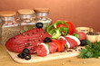 Raw beef meat marinated with herbs and spices