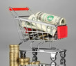 Money in cart on grey background