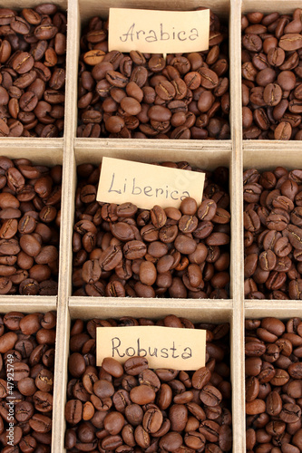 Photo: Coffee beans in wooden box close-up Coffee beans in wooden box close-up