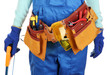Male builder in blue overalls with saw isolated on white