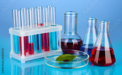 Photo: Test-tubes and green leaf tested in petri dish, Test-tubes and green leaf tested in petri dish,
