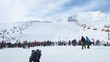 Video: Crowd of people stand and wait turn in a zone of skiing Crowd of people stand and wait turn in a zone of skiing