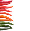 Colorful chillies border isolated on white background. These chi