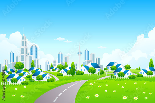 Vector: Green Landscape with City and Small Villarge Green Landscape with City and Small Villarge