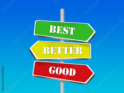 Illustration: good better best choices - 3 colorful arrow signs good better best choices - 3 colorful arrow signs