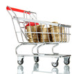 shopping trolley with Ukrainian coins, isolated on white