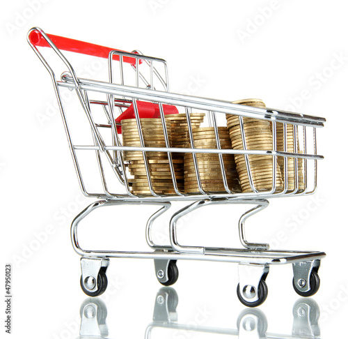 Photo: shopping trolley with Ukrainian coins, isolated on white shopping trolley with Ukrainian coins, isolated on white