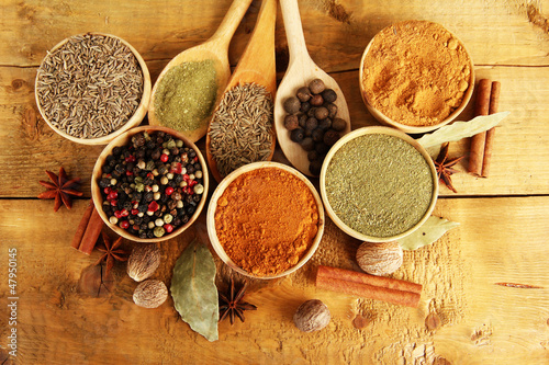Photo: bowls and spoons with spices, on wooden background bowls and spoons with spices, on wooden background