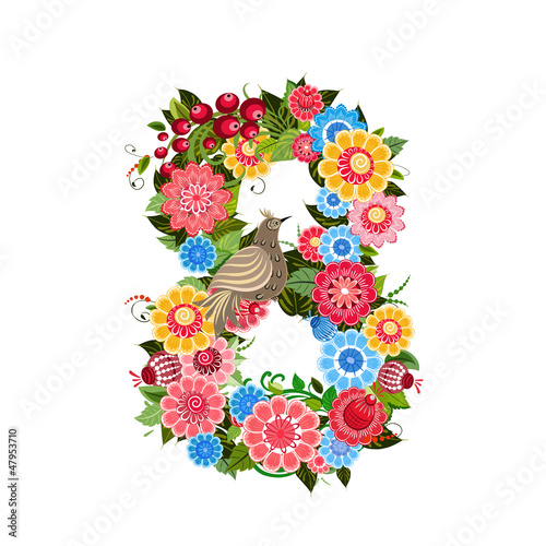 Vector: Flower number with birds in Khokhloma style Flower number with birds in Khokhloma style