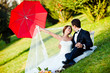 happy bride and groom at a park on their wedding day
