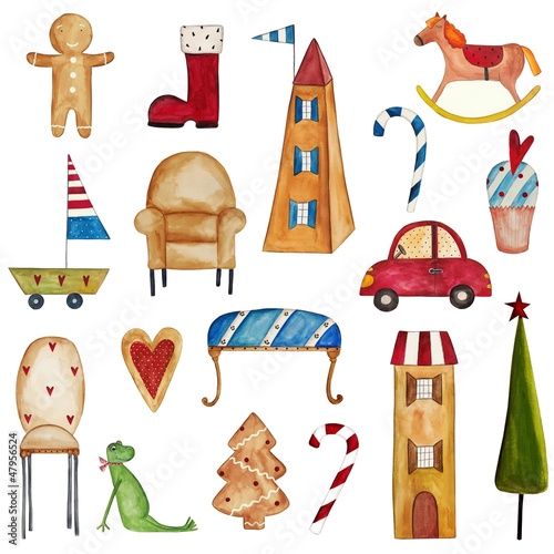 Illustration: Set of decorative elements. Watercolors on paper Set of decorative elements. Watercolors on paper