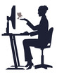 girl at the computer feeds a bird
