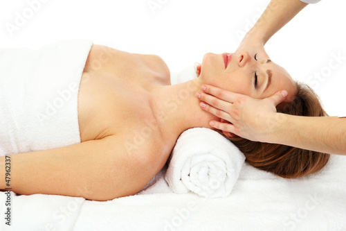 Photo: Portrait of beautiful woman taking head massage, isolated Portrait of beautiful woman taking head massage, isolated