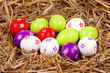 bemalte bunte Eier für Ostern versteckt im Nest aus Stroh