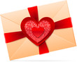 Vector envelope with red paper heart and glossy ribbon
