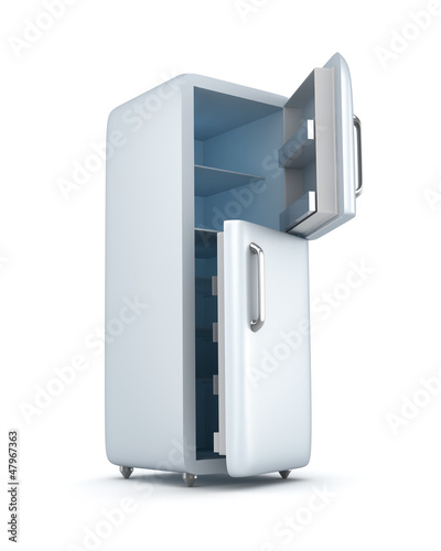 Illustration: Modern refrigerator with opened doors. Isolated on white Modern refrigerator with opened doors. Isolated on white