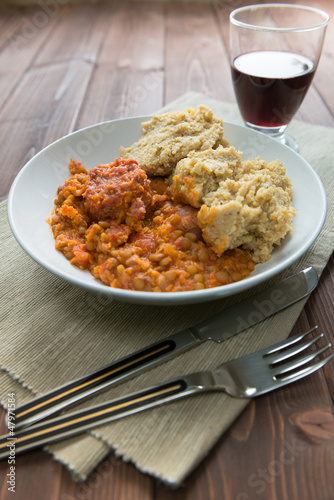 Photo: Pork sausage with lentils and polenta Pork sausage with lentils and polenta