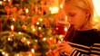 Kleines Mädchen spielt Blockflöte vor Christbaum