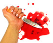 A bloody hand holding a large blood covered knife