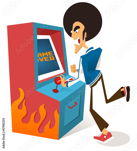 Vector: Afro guy plays arcade game Afro guy plays arcade game