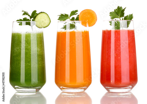 Photo: Fresh vegetable juices isolated on white Fresh vegetable juices isolated on white