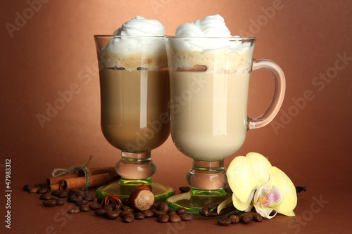 Photo: Fragrant coffee latte in glasses cups with spices, Fragrant coffee latte in glasses cups with spices,