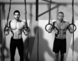 Crossfit dip ring two men workout at gym