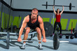 gym with weight lifting bar workout man and woman